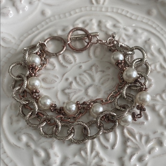 Pearl Silver Thick Chain Link Multi Strand Bracelet Bohemian Elegant Vintage - Picture 5 of 16